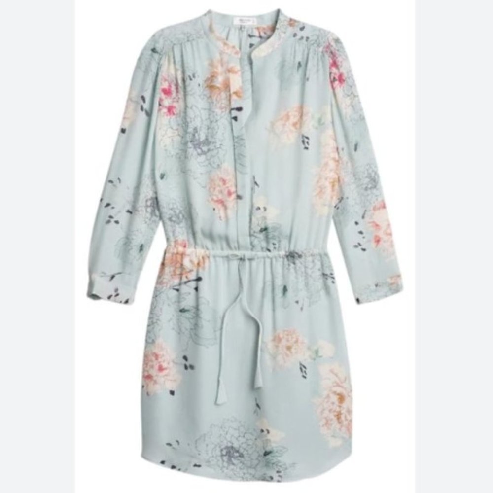 BABATON Aritzia Silk Floral Blue Bennett Shirt Dress Long sleeve Tie Waist XXS